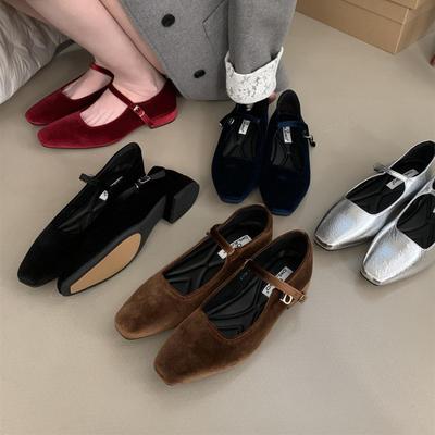 2025 новые туфли Мэри Джейн из бархата Сиши с французским квадратным носком и низким каблуком, детские туфли с ремешком на одной пряжке, с открытым подъемом и толстым каблуком