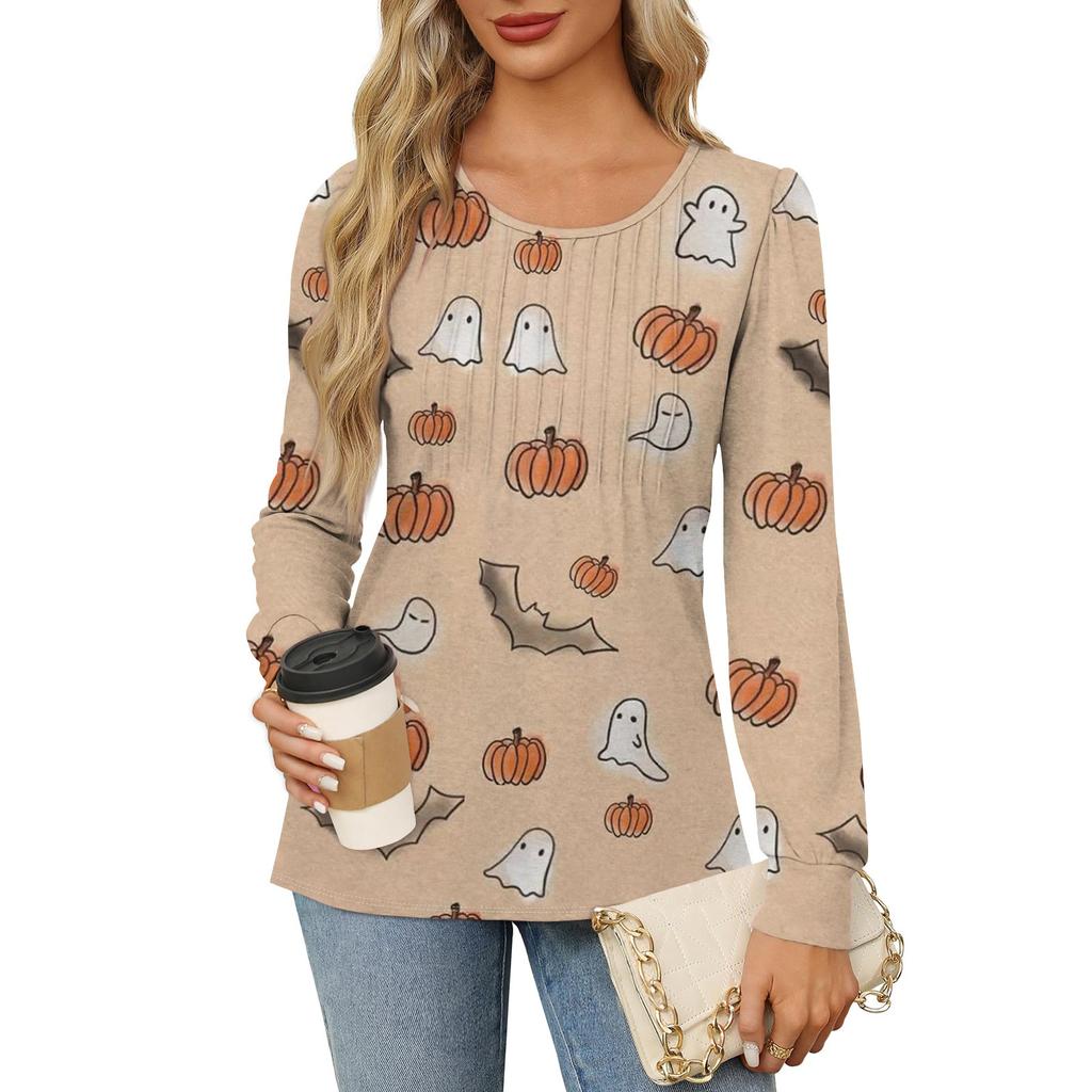 Long Sleeve Shirts For Women Cute Print Graphic Tees Blouses Dressy Casual Blouses Pleated Scooped Neck Tunic Tops Halloween
