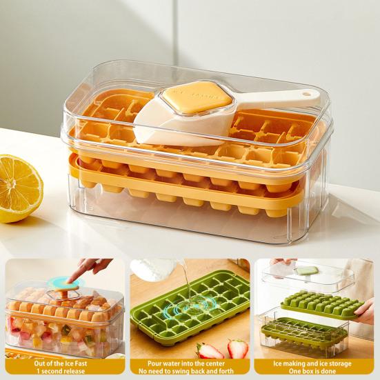 Форма для льда с лопаткой и контейнером, штабелируемая форма для льда для морозильника, легкосъемное силиконовое дно, дизайн с нажатием в одно касание, льдогенератор для напитков, кофе, коктейлей