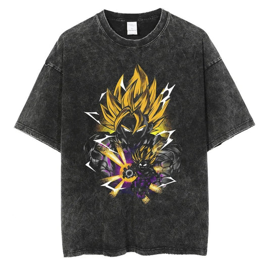 Модная Ретро Футболка Dragon Ball Режим Зверя Винтажная Высококачественная Футболка Стиранная Аниме Хлопок Повседневная Футболка для Родителей и Детей
