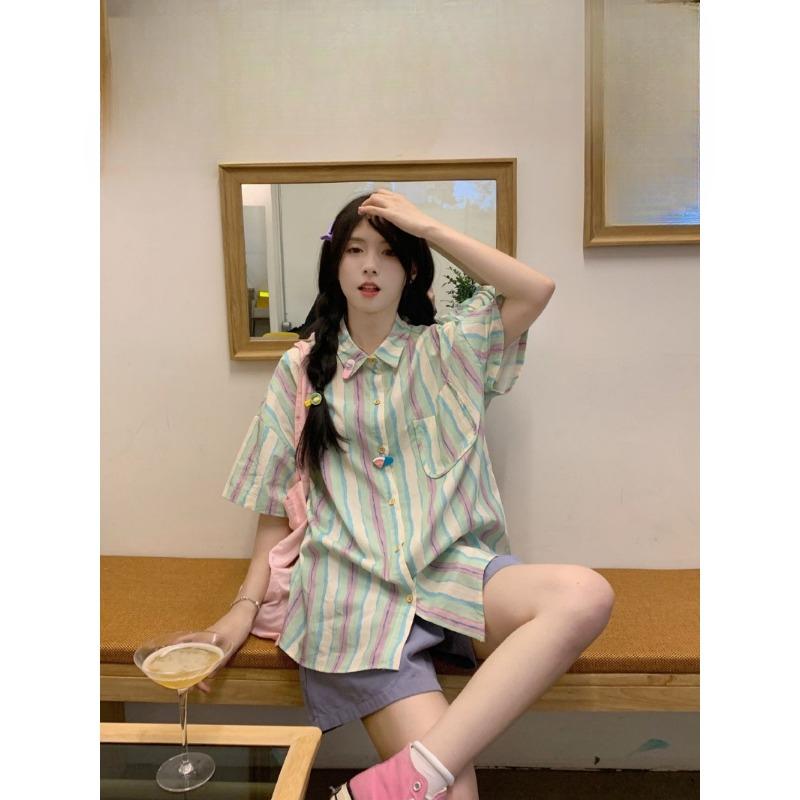 Женская рубашка в полоску с цветными блоками, японская однобортная женская одежда, летний свободный повседневный топ с короткими рукавами