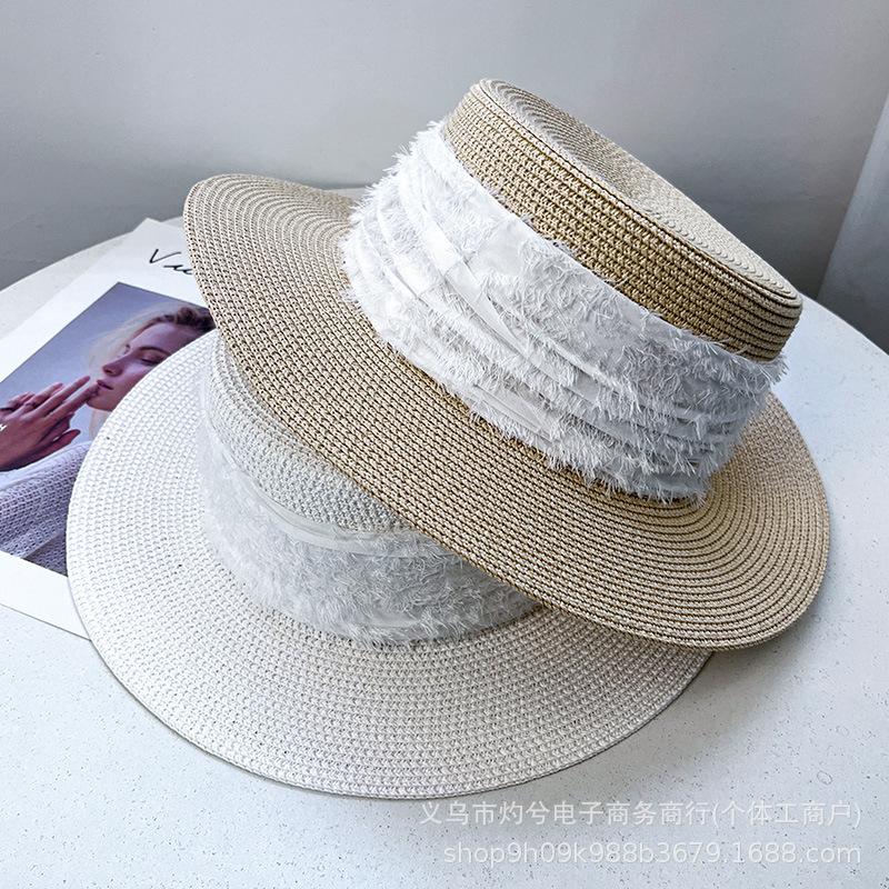 Beach hat men's and women's summer versatile British white straw hat summer seaside sunshade straw hat straw woven flat top