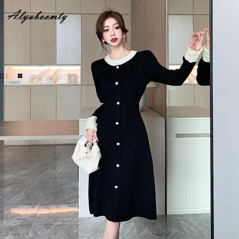 Осенне-зимнее женское черное платье-свитер с круглым вырезом, великолепное вязаное платье с бисером, роскошное праздничное трикотажное платье с нежным жемчугом