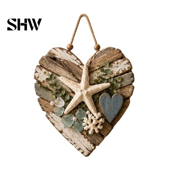 Farmhouse Office Wall Decorations Rustic Coastal Heart Shape Hanging Ornament with LED Light, Distressed Pendant Thanksgiving Front Door Decoration