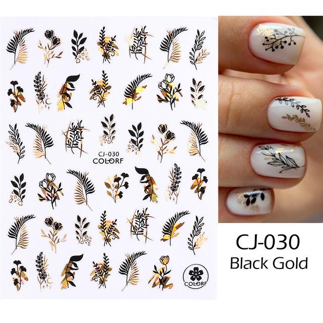 3D Flowers Leaves Nail Stickers Decals Gold Black Bronzing Flowers Gradient Adhesive Sticker Nail Design Art Decorations