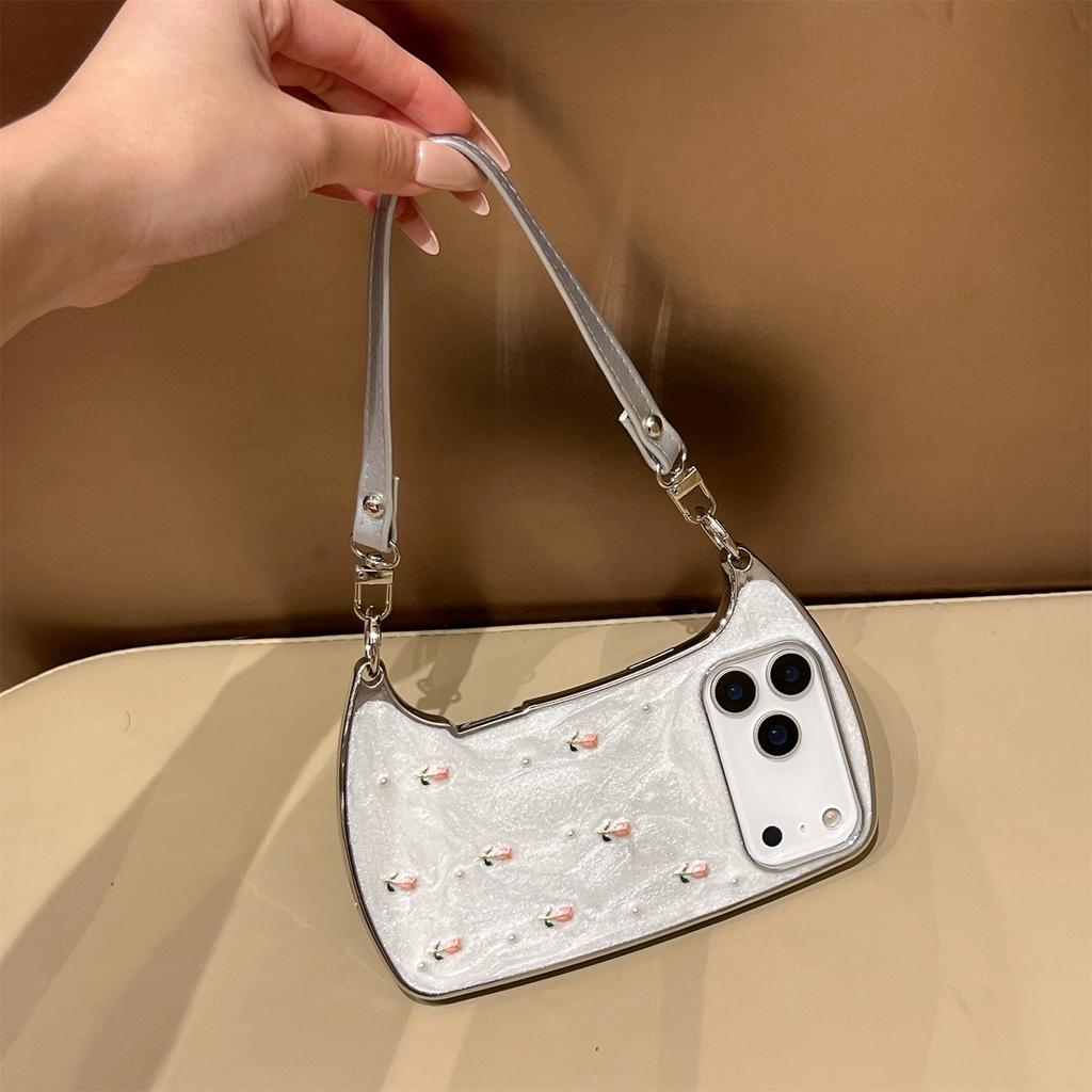 Elegant Pink Rose Pearl Shoulder Phone Case for iPhone 12-17 Series — Adjustable Strap, Mirror Metallic Frame