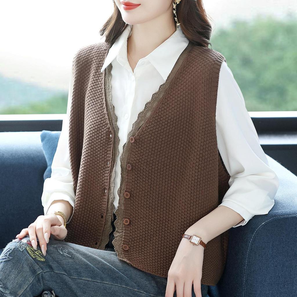 Вязаный жилет с V-образным вырезом и кружевной отделкой - Женский модный кардиган без рукавов на весну/осень для мам среднего возраста