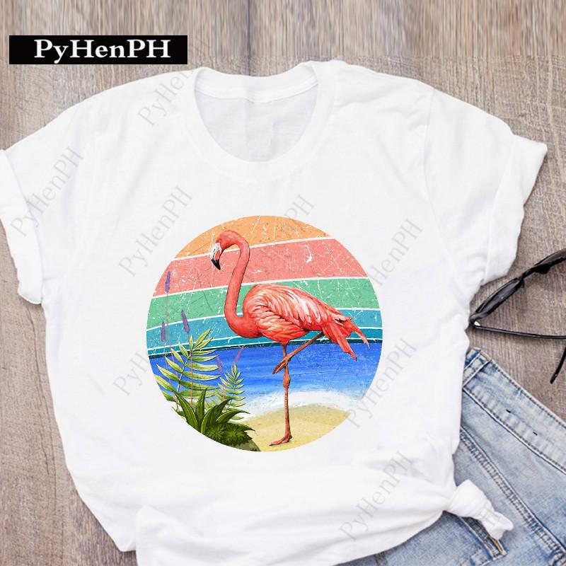 Ins New Fashion Flamingo T-shirt Short-sleeved Female Student Innerwear T-shirt on The Street Women Clothing