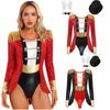 Womens Circus Ringmaster Costume Set Fringed Sequin Bodysuit Hat Bow Collar Gloves Halloween Cosplay Performance Outfit