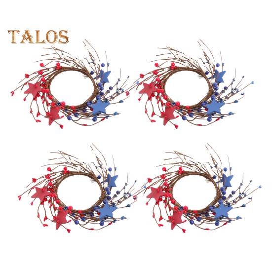 Patriotic Candle Ring Wreath Red White Blue Star Mixed Artificial Berry Candle Wreath Mini Pillar Candle Holder for 4th of July Tabletop Decor