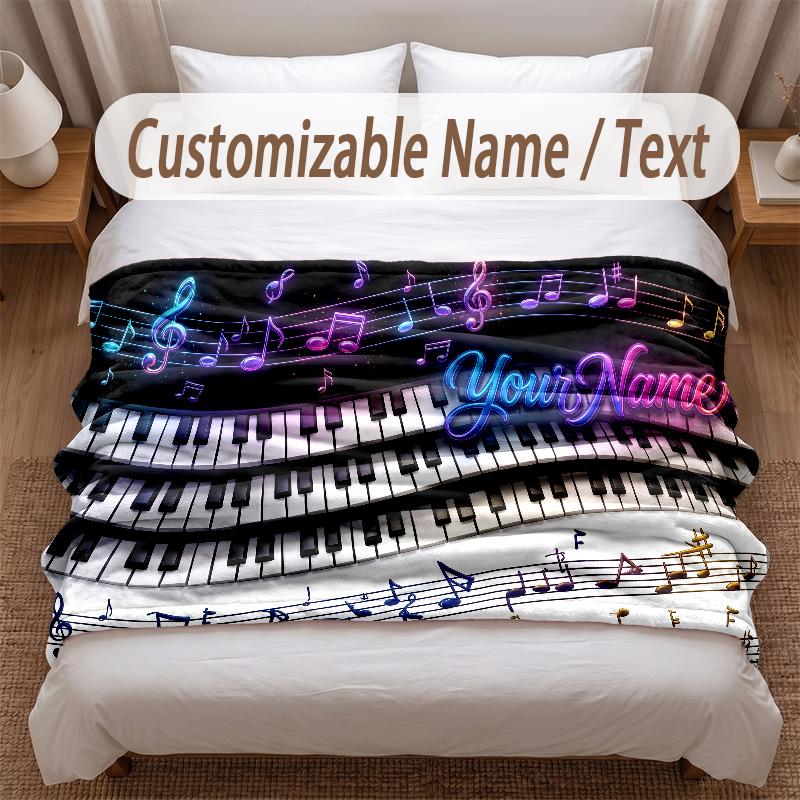 Music Piano Theme Soft Blanket Personalized Custom Name Text Print Warm Blanket Home Sofa Bedroom Decor