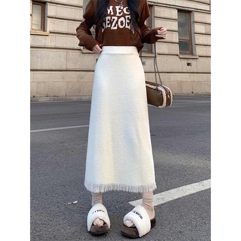 Миди-юбка А-силуэта из трикотажа с кисточками, осенне-зимняя шерстяная юбка с высокой талией