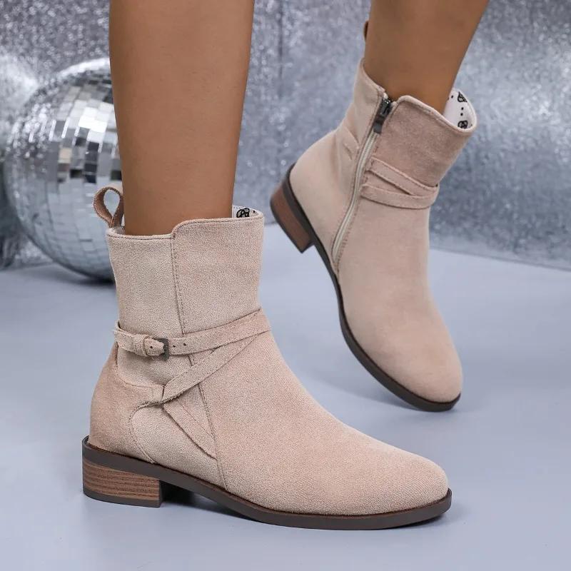 Новые стильные женские ботинки телесного цвета, универсальные, с квадратным каблуком, однотонные, с острым носком, с молнией, украшением, для профессиональных поездок на работу