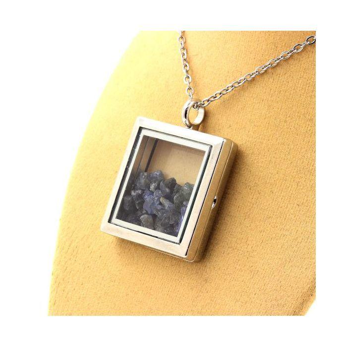 Pierres et Minéraux. Collier Saphir brut. Modèle carré. Couleur Argent.