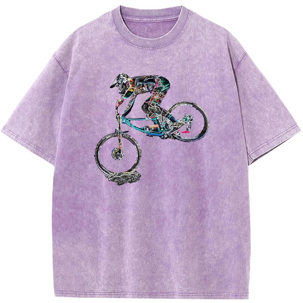 Футболка с короткими рукавами и красочным принтом горного велосипеда, хлопковая стираная футболка с круглым вырезом, новинка, повседневная свободная отбеленная футболка