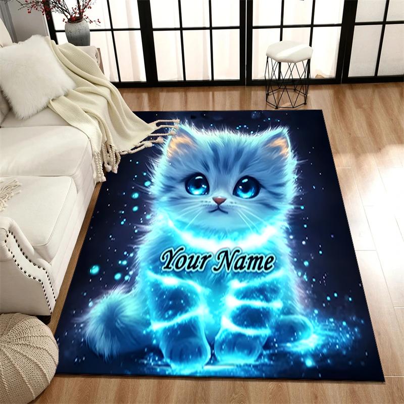 1PC Custom Name Blue Kitten Theme Floor Mat Ideal for Living Room, Game Rooms, Office, Bedroom, Office Floor Mat , Floor Mats for Home