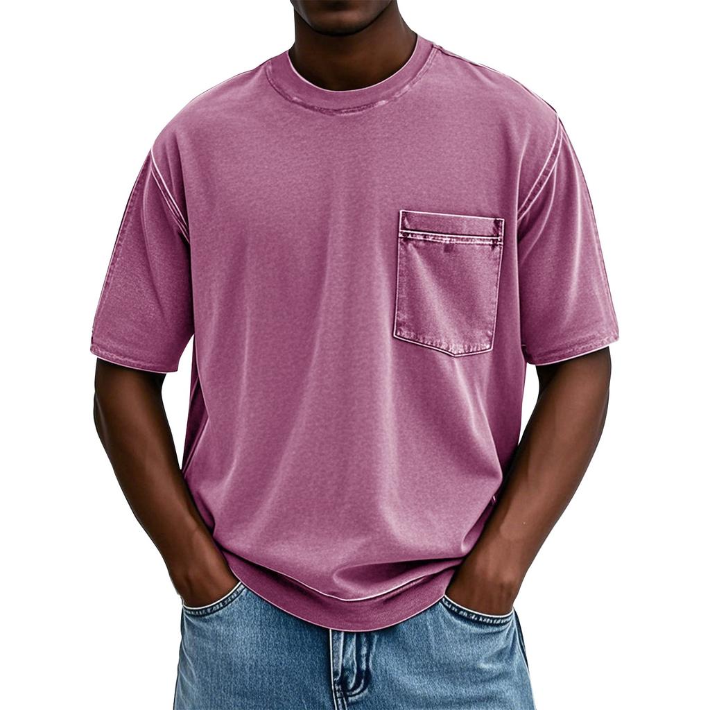 Men's Summer Solid Color Round Neck Loose Pocket Short Sleeve Top