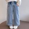 Spring Autumn Baby Girls Bow Jeans Kids Loose Long Pants Children's Straight Wide-leg Trousers Toddler Casual Clothing