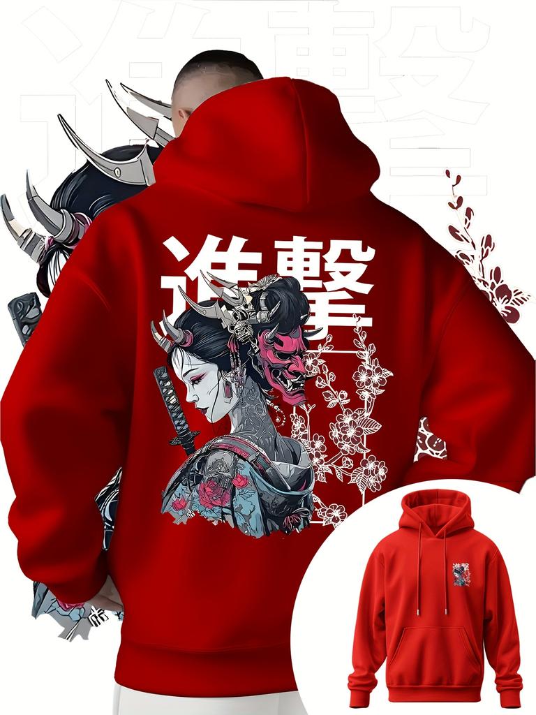 Japanese samurai anime Harajuku Y2K unisex pullover hoodie, street casual sporty loose everyday autumn/winter sweatshirt top.