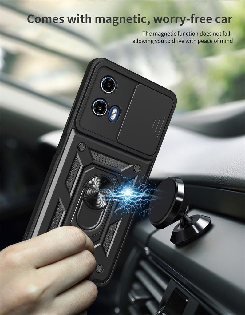 Противоударный бронированный чехол для Motorola Moto G04 G24 G34 G54 G84 E14 G22 G32 G52 G72 с магнитным кольцом-держателем и сдвижной крышкой для защиты объектива