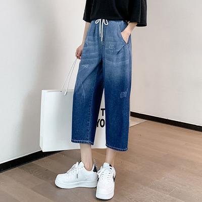 Большие размеры, женские весенне-летние женские повседневные свободные повседневные джинсовые укороченные брюки, прямые широкие брюки