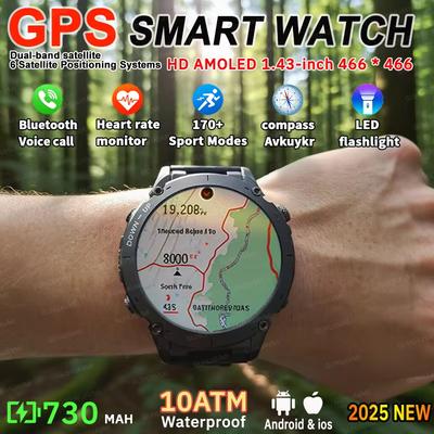 Мужские новые спортивные военные GPS-смарт-часы для активного отдыха, водонепроницаемые 10 АТМ, батарея высокой емкости 730 мАч, компас, NFC, HD-звонки для Huawei Xiaomi Watch