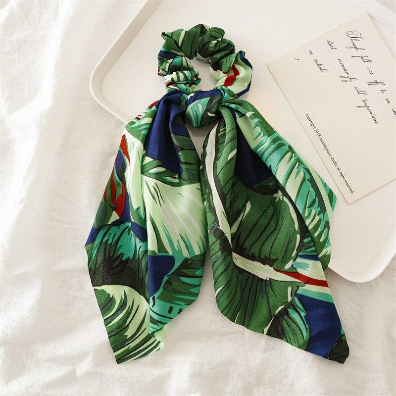 New Fashion Print Leaf Long Scarf Hair Band For Women Scrunchie Elastic Ribbon Bow Tie Ponytail Holder Hair Accessories Headwear