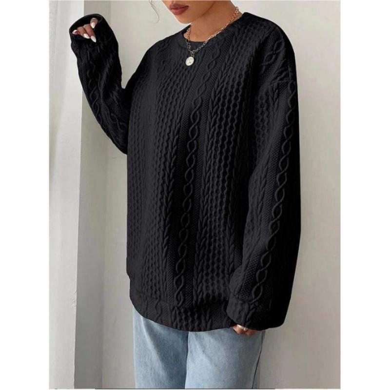Women's Spring and Autumn Casual Comfortable Round Neck Jacquard Sweatshirt Long Sleeve Solid Color Pullover Top
