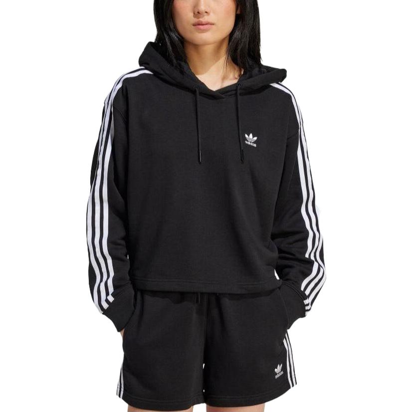 Adidas Originals Adicolor Series Hooded Striped Fitted Cropped Long Sleeve Sweatshirt Women Sweatshirt Black IU2424