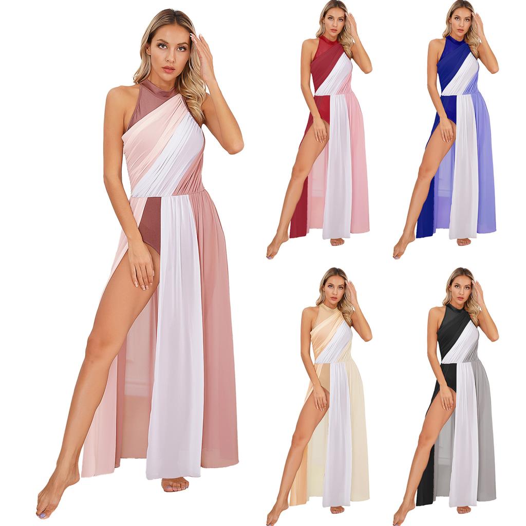 Женское платье халтер для танцев с асимметричной юбкой для фигурного катания и бальных танцев