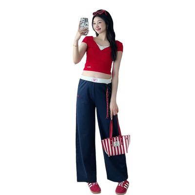 Тонкие летние женские брюки для беременных в американском ретро-стиле с контрастными бретелями, нишевые, свободные, прямые, повседневные