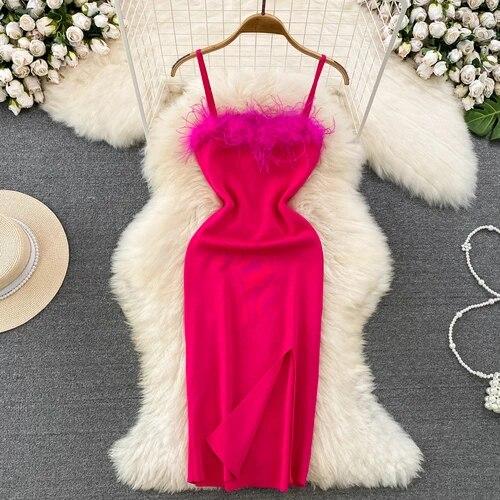 RUGOD Франция сексуальное вязаное клубное платье женское платье без рукавов с разрезом винтажное короткое платье перья монтаж зеленое тонкое платье