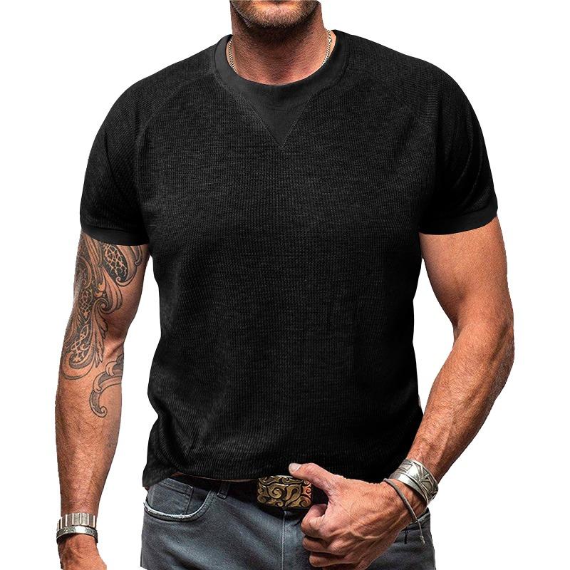 Men White Waffle Knit Crew Neck Short Sleeve T-Shirt Casual Solid Top