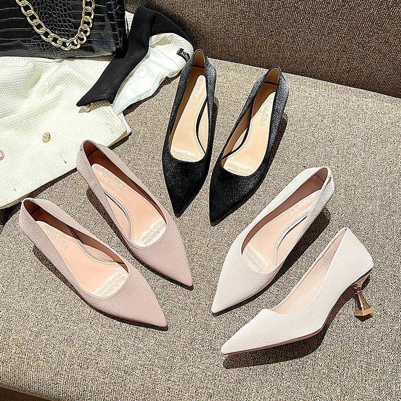 Французский сказочный стиль, неглубокий вырез, темпераментные высокие каблуки, корейская версия, острый носок, тонкий каблук, одинарные туфли, женские простые профессиональные OL для работы