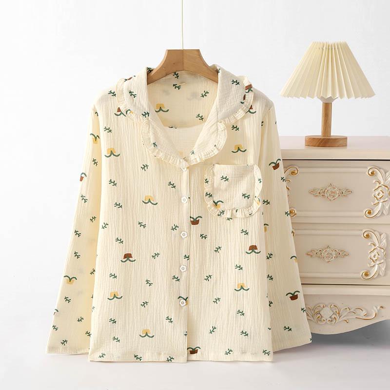 Crepe cloth pure cotton women's pajamas, loungewear can be worn outside, small fresh long-sleeved suit, spring and autumn new thin loose