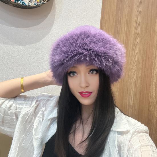 Women Winter Hat Thick Plush Faux Fur Heat Retention Windproof Mongolia Style Bucket Hat Solid Color Outdoor Cycling Skiing Panama Cap