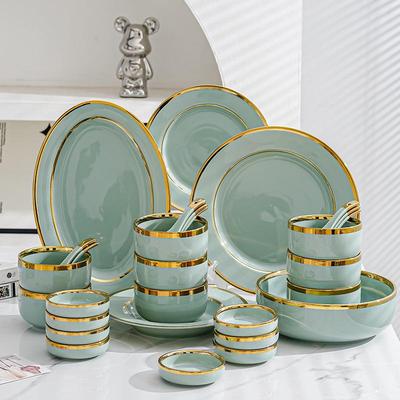 Керамический набор посуды в скандинавском стиле: Элегантные тарелки, миски и палочки для еды с золотым ободком