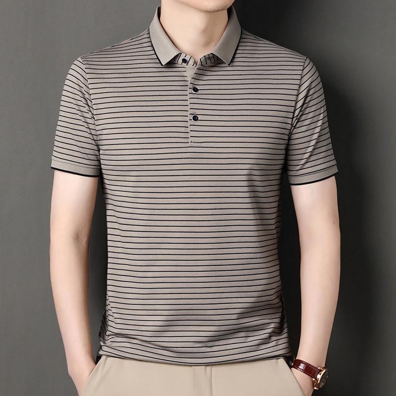 Мужская полосатая рубашка поло с коротким рукавом, деловая повседневная футболка среднего размера с синими лацканами и коротким рукавом