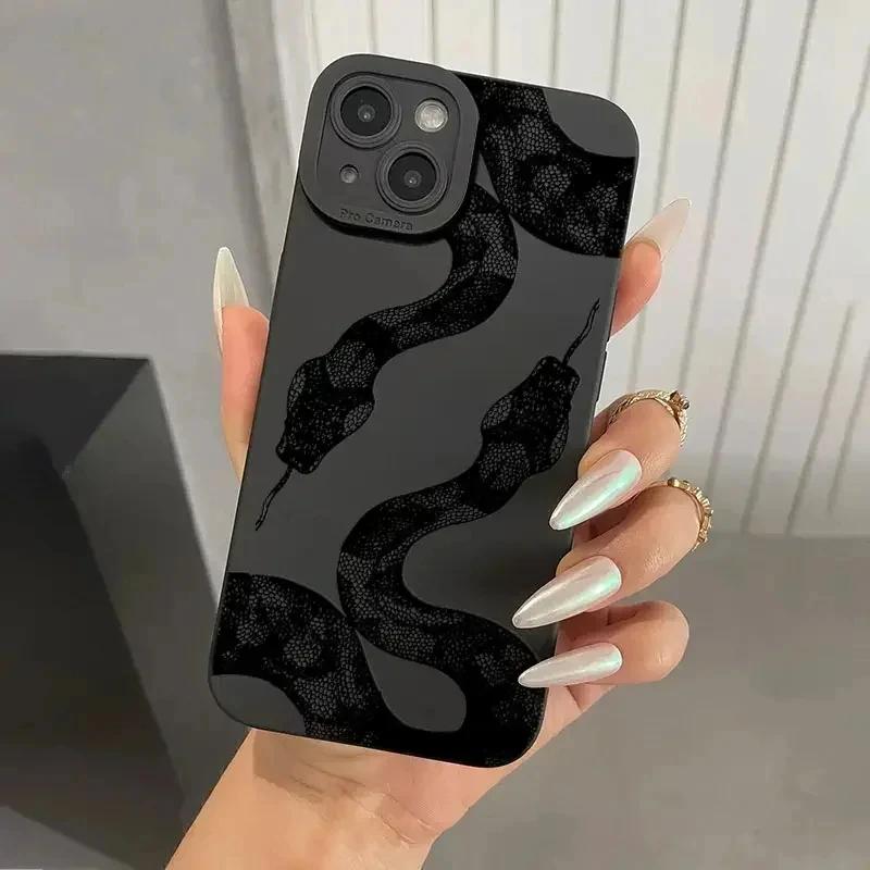 Черный змеиный графический чехол для телефона для iPhone 11 12 13 14 15 Pro Max X XS Max XR 8 7 Plus SE2020 Mini Ударопрочный мягкий силиконовый чехол