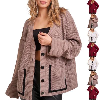 Женский модный повседневный кардиган контрастного цвета, вязаный, с V-образным вырезом, куртка с длинными рукавами
