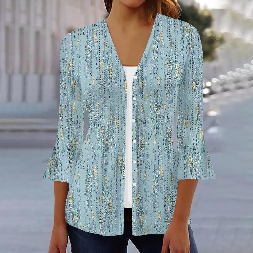 Women's Fashion Loose Casual Printed Three-quarter Sleeve Button Shirt Cardigan Top