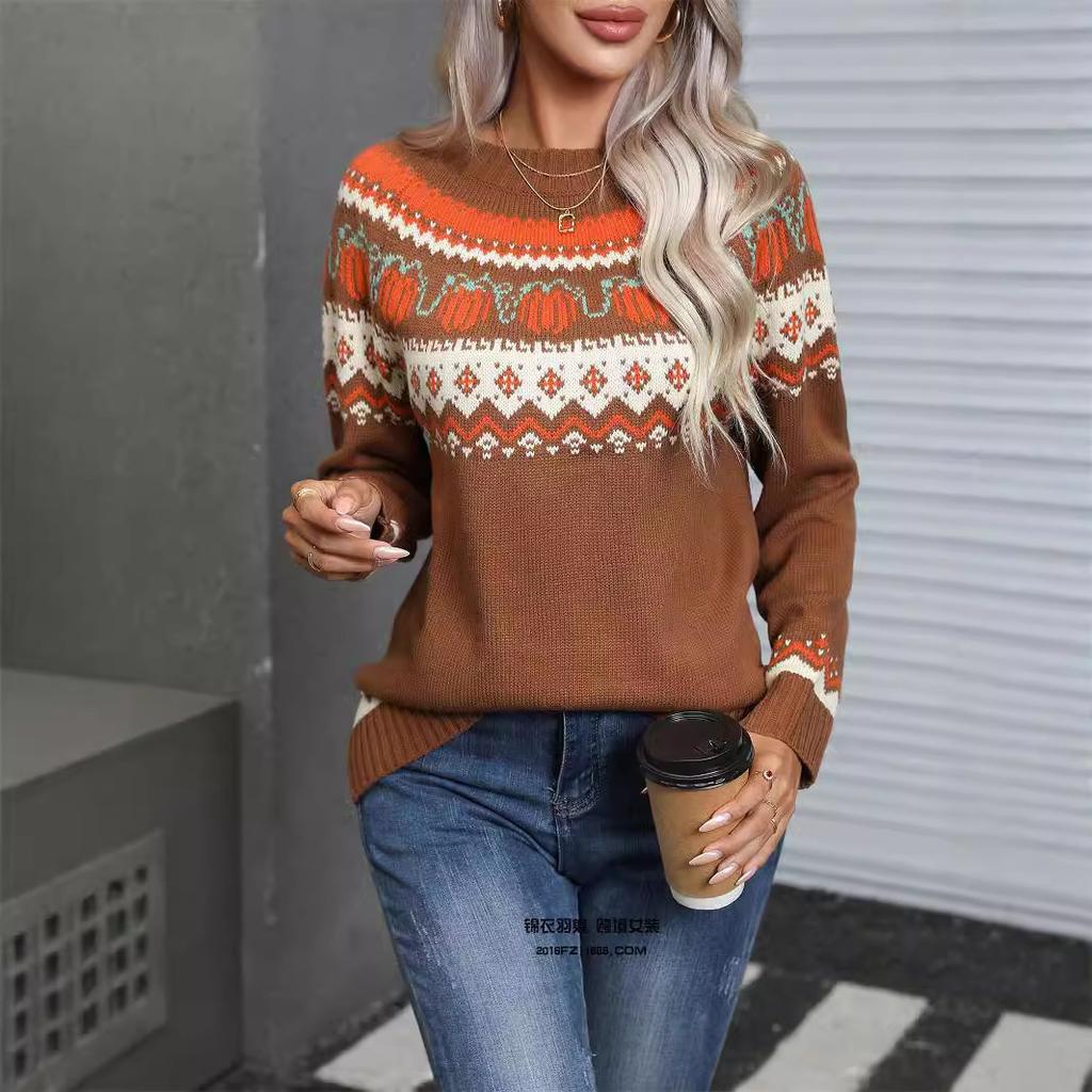 Осенне-зимний женский свитер, рождественский пуловер, свитер с круглым вырезом, праздничный трикотаж с длинным рукавом