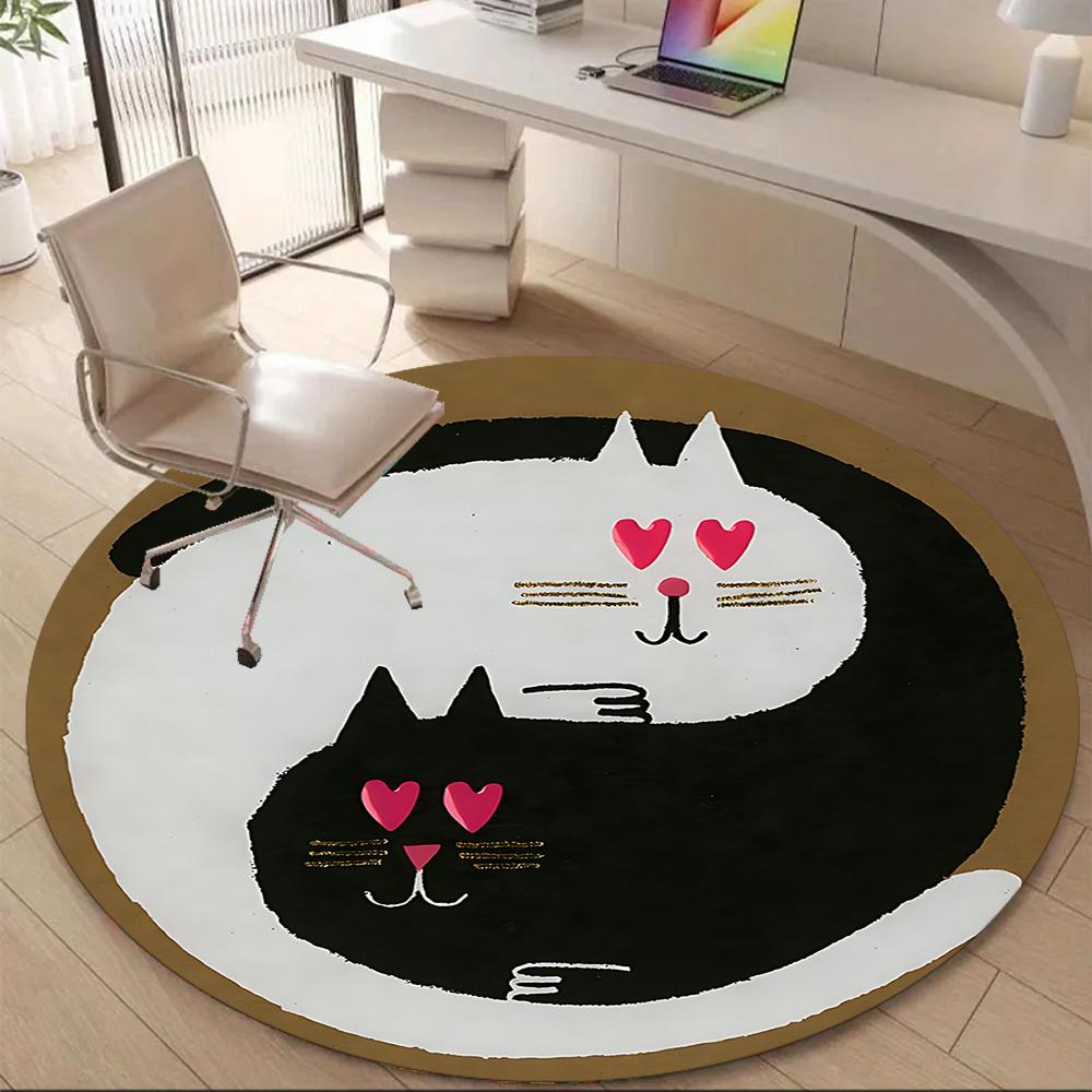 1pc Cats YinYang Office Round Area Rug, Indoor Mat Suitable ForOffice, Under Office Chairs Bedroom Living Room Home Decor, Room Deco 106
