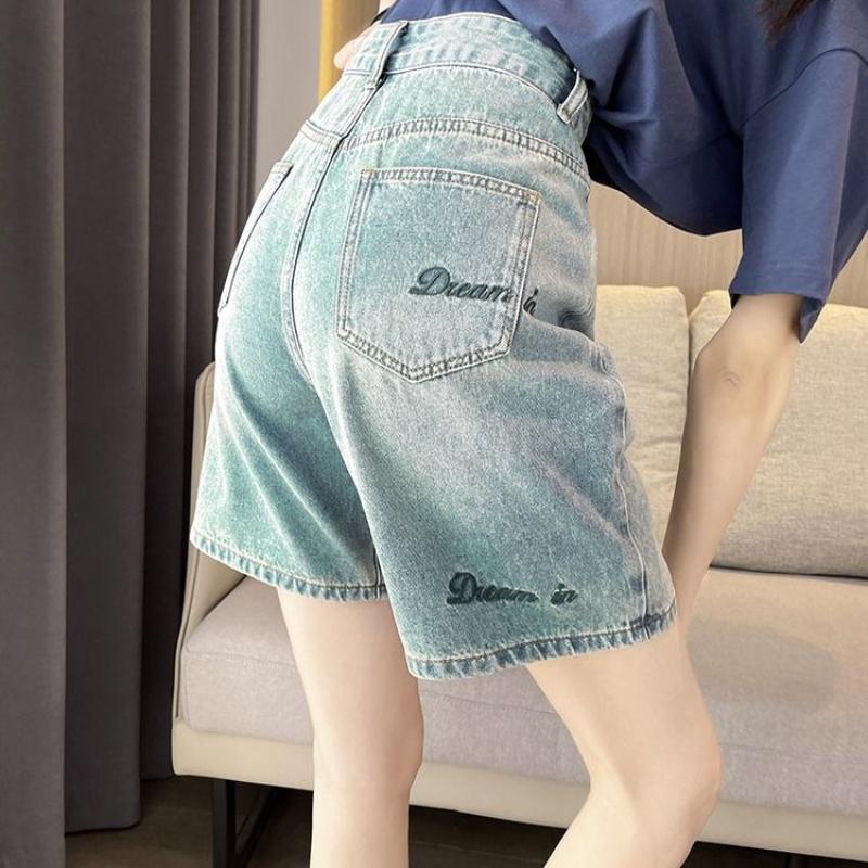 Embroidered Denim Shorts Women's Summer High Waisted A-line Slimming Retro Mid Length Straight Leg Loose Five Quarter Pants