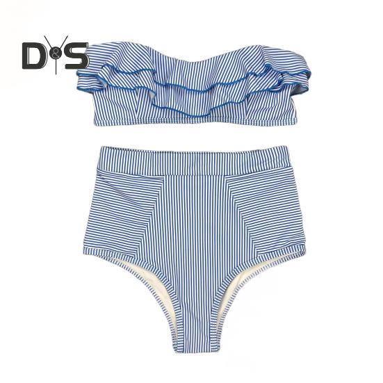 2Pcs/Set Women Bikini Set Ruffle Trim Bandeau Padded Push-Up Bra High Waisted Briefs Set Striped Print Beachwear