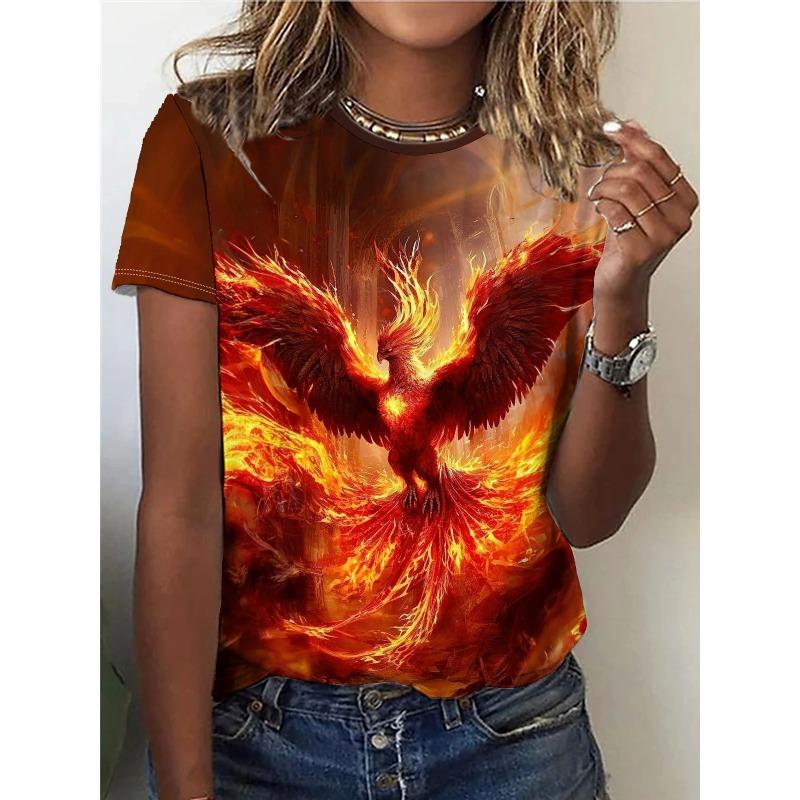 Summer Round Neck 3D Phoenix Dragon Pattern Printed Top Fashionable Casual Short Sleeved Women's T-shirt