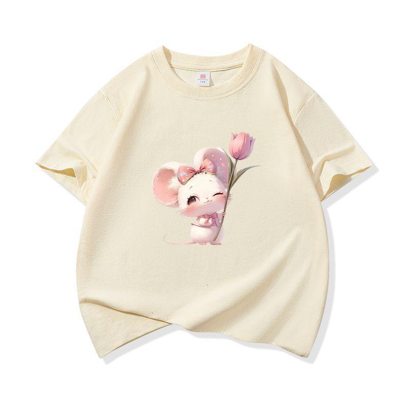 Kids Cotton T Shirt Charming Mouse With Pink Tulip Flower Print Crew Neck Short Sleeve Tee Casual Boys Girls Summer Tops