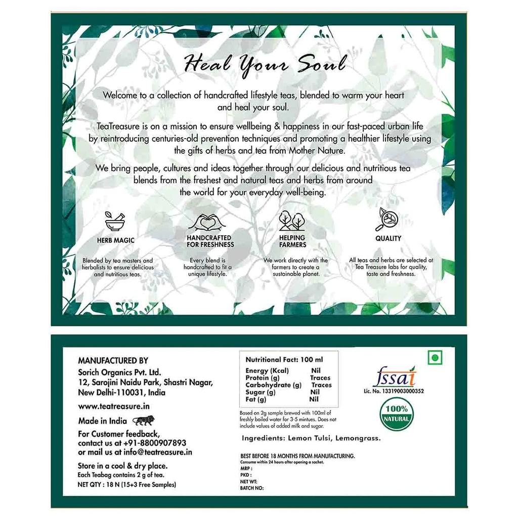 Зеленый чай с Лимонным тулси (18 пак, 2 г), Lemon Tulsi Green Tea,  Tea Treasure