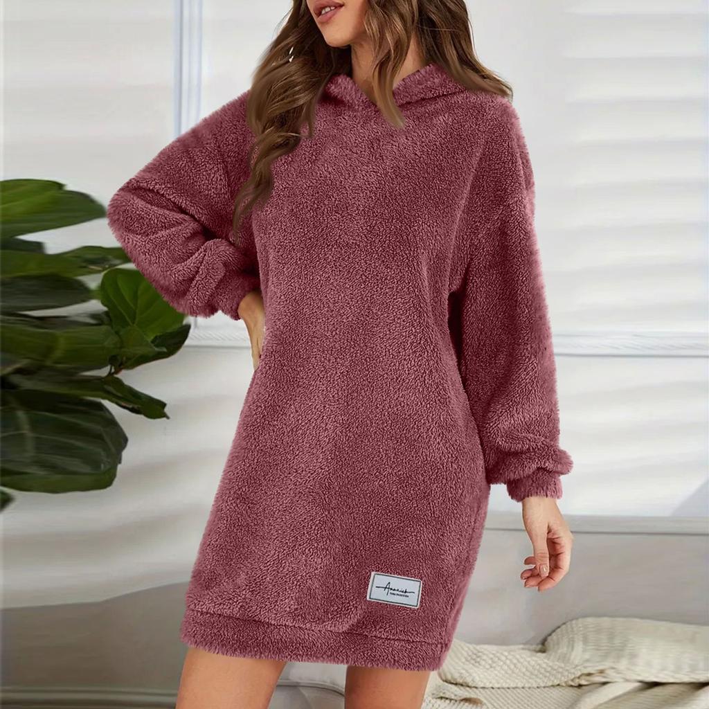 Women's Fashion Hooded Long Sleeve Plush Dress Solid Color Casual Sweatshirt