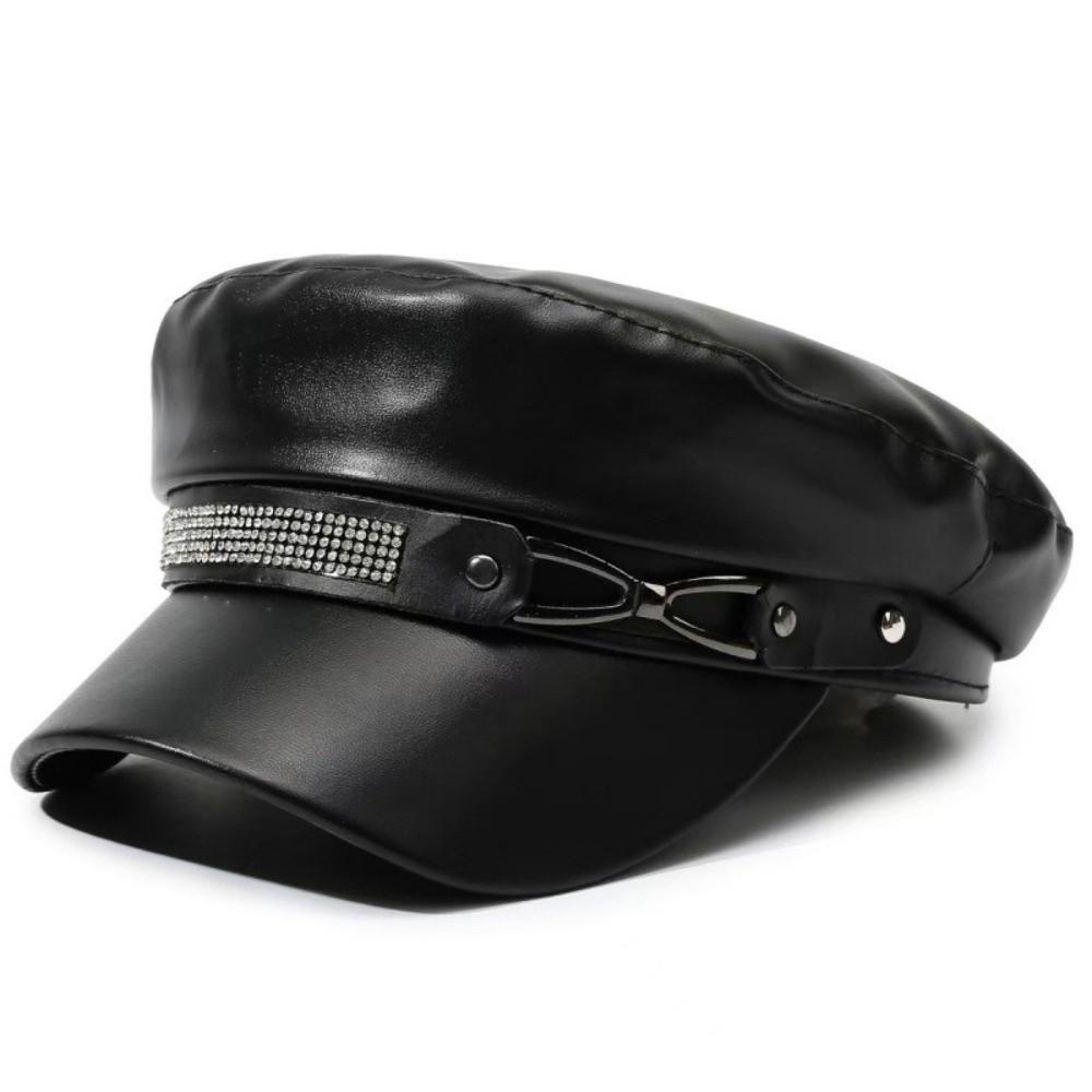 Black Painter Hat PU Leather Newsboy Cap Retro Beret Hat